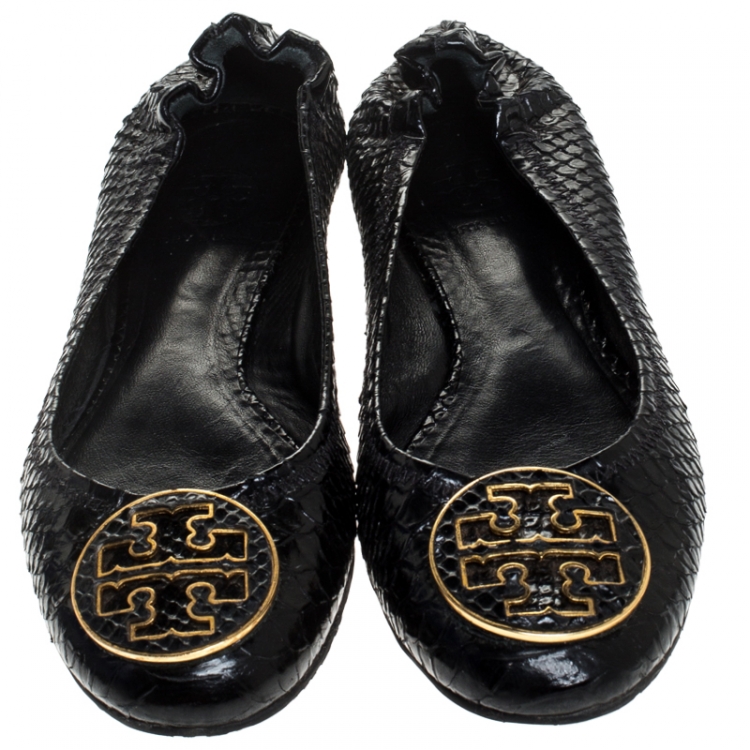 Pre Owned Tory Burch Black Python Embossed Leather Reva Ballet Flats Size 39
