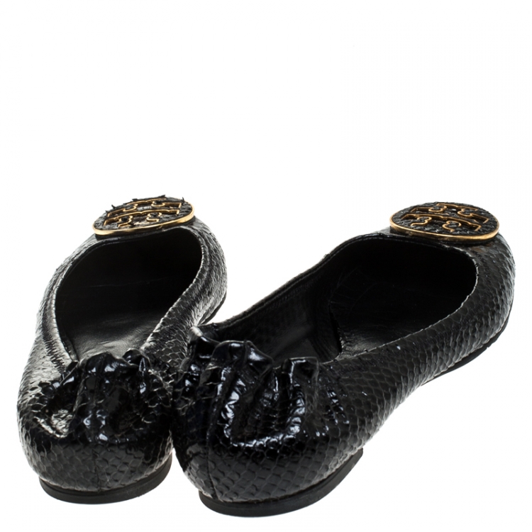 Pre Owned Tory Burch Black Python Embossed Leather Reva Ballet Flats Size 39