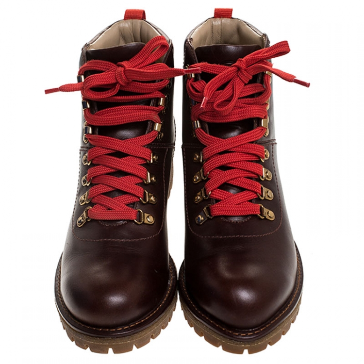 Pre Owned Tory Burch Brown Leather Gunton Hiking Lace Up Ankle Boots Size 38.5