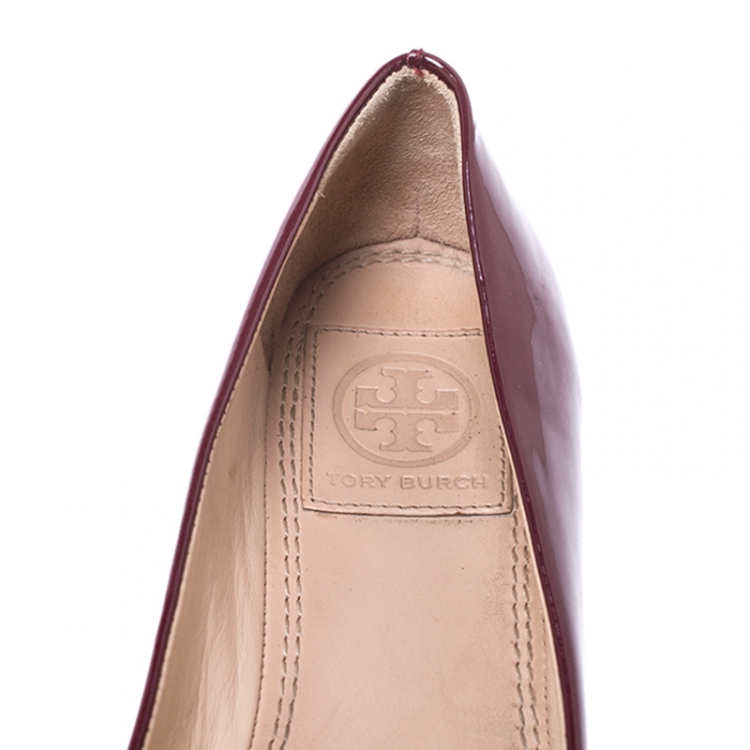 Pre Owned Tory Burch Burgundy Patent Leather Grayson Pointed Toe Flats Size 36