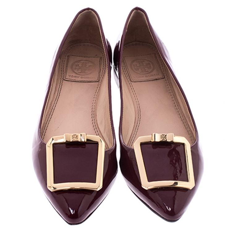 Pre Owned Tory Burch Burgundy Patent Leather Grayson Pointed Toe Flats Size 36