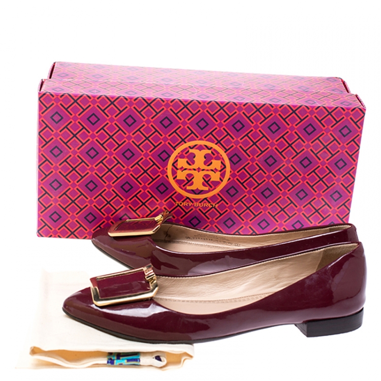 Pre Owned Tory Burch Burgundy Patent Leather Grayson Pointed Toe Flats Size 36