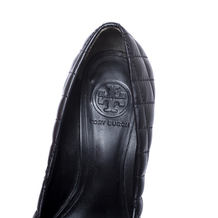 Pre Owned Tory Burch Black Quilted Leather Reva Logo Studded Wedge Pumps Size 37