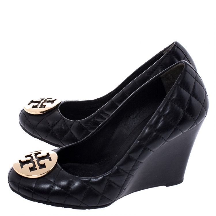 Pre Owned Tory Burch Black Quilted Leather Reva Logo Studded Wedge Pumps Size 37