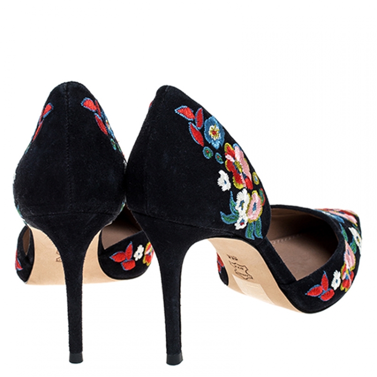 Pre Owned Tory Burch Blue Suede Rosemont Embroidered D’orsay Pointed Toe Pumps Size 38