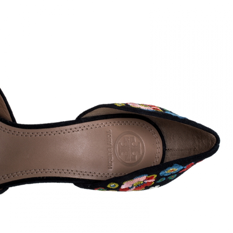 Pre Owned Tory Burch Blue Suede Rosemont Embroidered D’orsay Pointed Toe Pumps Size 38