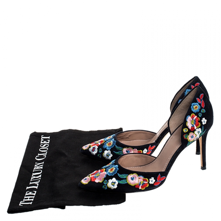 Pre Owned Tory Burch Blue Suede Rosemont Embroidered D’orsay Pointed Toe Pumps Size 38