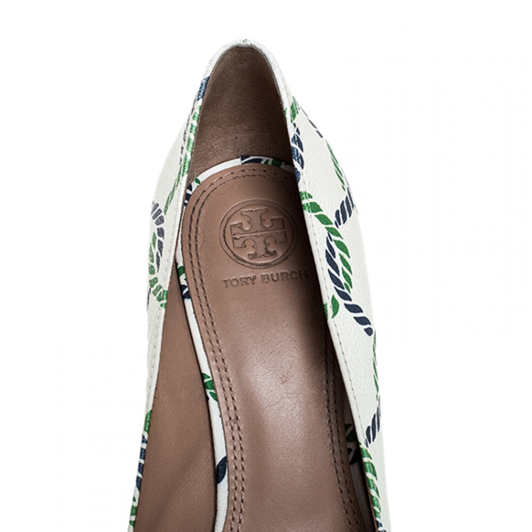 مملوكة مسبقًا Tory Burch White Leather And Green/Blue Isle Rope Maritime Block Heel Pumps Size 39.5