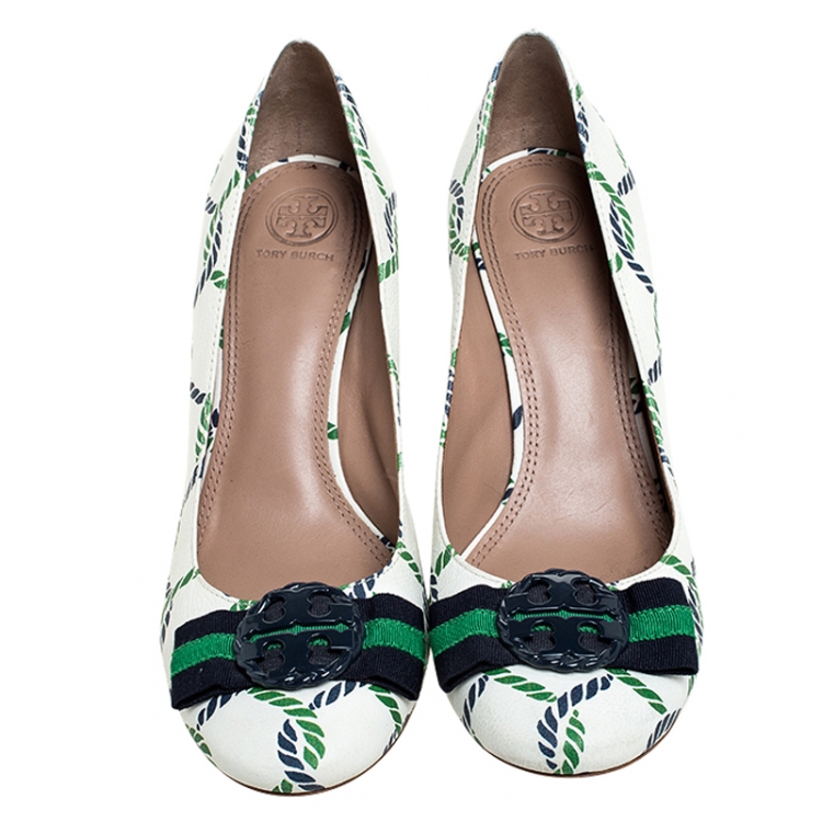 مملوكة مسبقًا Tory Burch White Leather And Green/Blue Isle Rope Maritime Block Heel Pumps Size 39.5