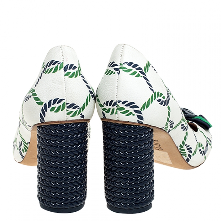مملوكة مسبقًا Tory Burch White Leather And Green/Blue Isle Rope Maritime Block Heel Pumps Size 39.5