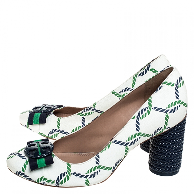 مملوكة مسبقًا Tory Burch White Leather And Green/Blue Isle Rope Maritime Block Heel Pumps Size 39.5
