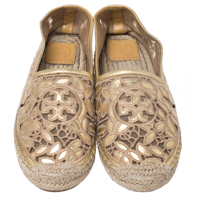 Pre Owned Tory Burch Metallic Gold Embroidered Leather And Mesh Rhea Leaf Espadrille Flats Size 39
