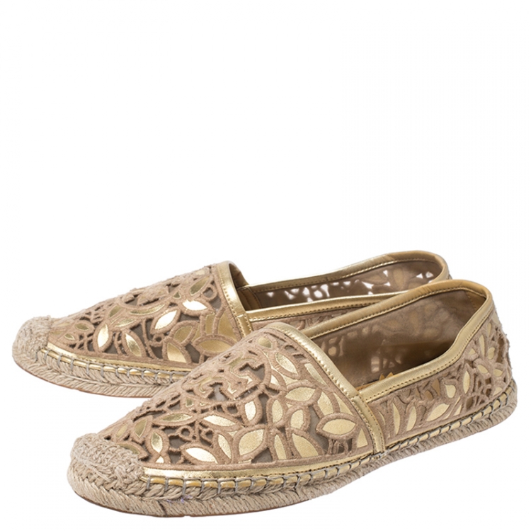Pre Owned Tory Burch Metallic Gold Embroidered Leather And Mesh Rhea Leaf Espadrille Flats Size 39
