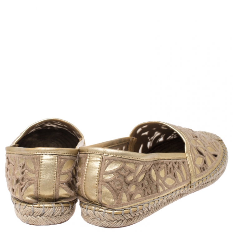 Pre Owned Tory Burch Metallic Gold Embroidered Leather And Mesh Rhea Leaf Espadrille Flats Size 39