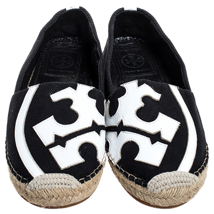 مملوكة مسبقًا Tory Burch Black Canvas And White Leather Trim And Logo Lonnie Espadrilles Flats Size 41