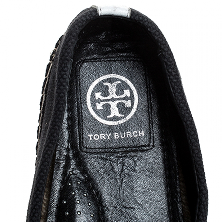 مملوكة مسبقًا Tory Burch Black Canvas And White Leather Trim And Logo Lonnie Espadrilles Flats Size 41