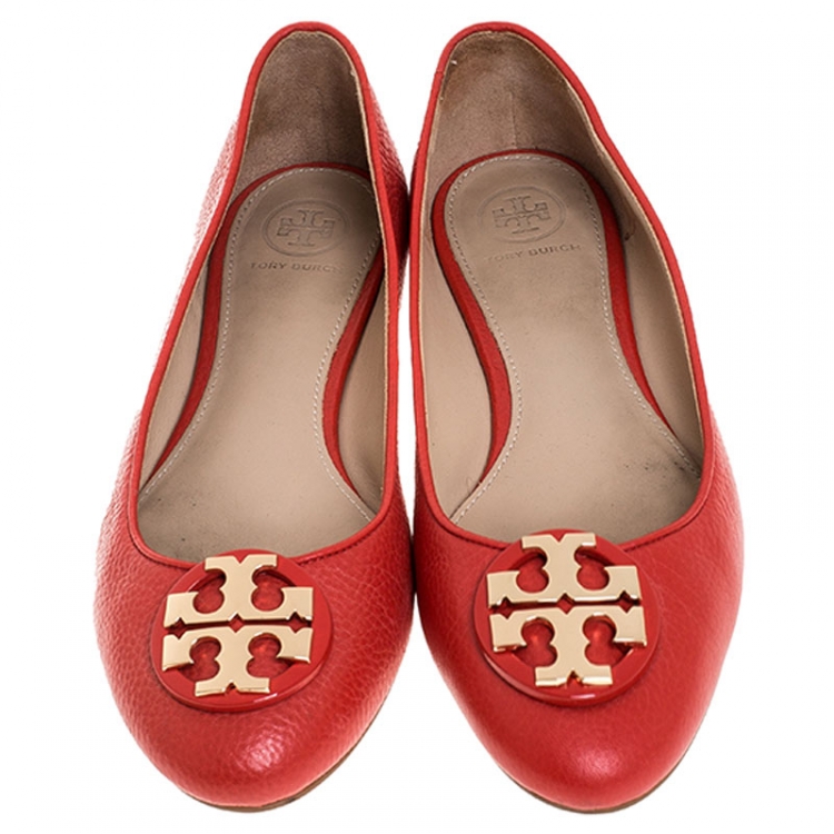 Pre Owned Tory Burch Red Leather Reva Ballet Flats Size 38