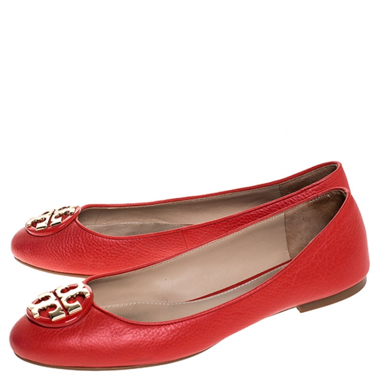 Pre Owned Tory Burch Red Leather Reva Ballet Flats Size 38