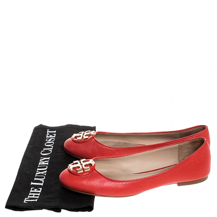 Pre Owned Tory Burch Red Leather Reva Ballet Flats Size 38