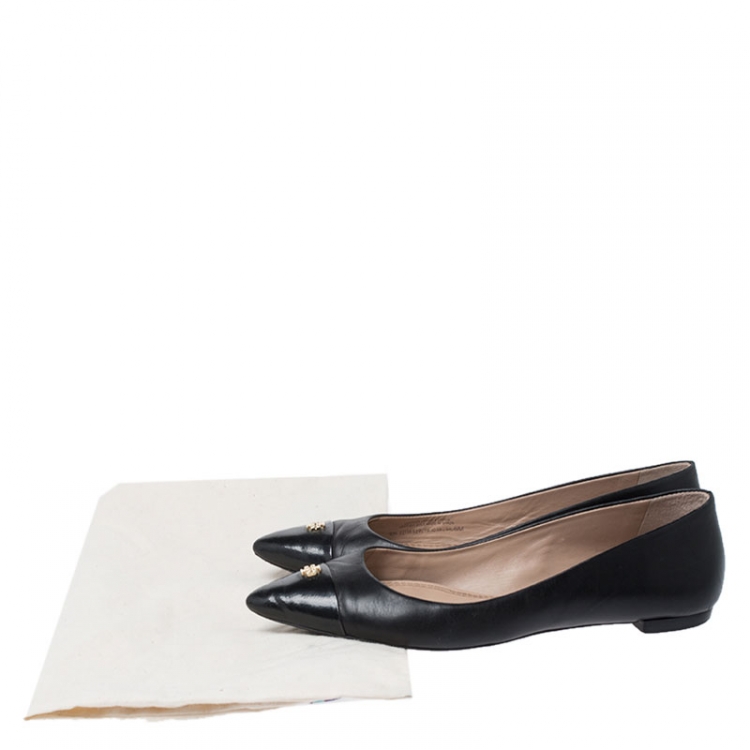 Pre Owned Tory Burch Black Leather Pointed Cap Toe Ballet Flats Size 36