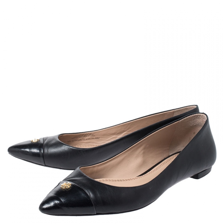 Pre Owned Tory Burch Black Leather Pointed Cap Toe Ballet Flats Size 36