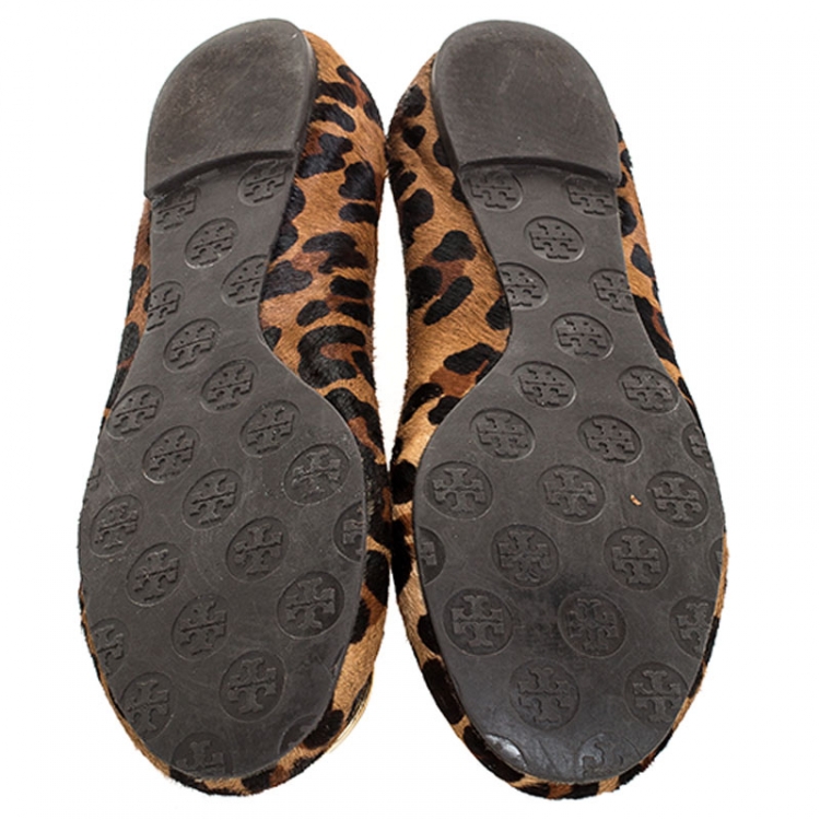 Pre Owned Tory Burch Brown Leopard Print Pony Hair Reva Ballet Flats Size 41