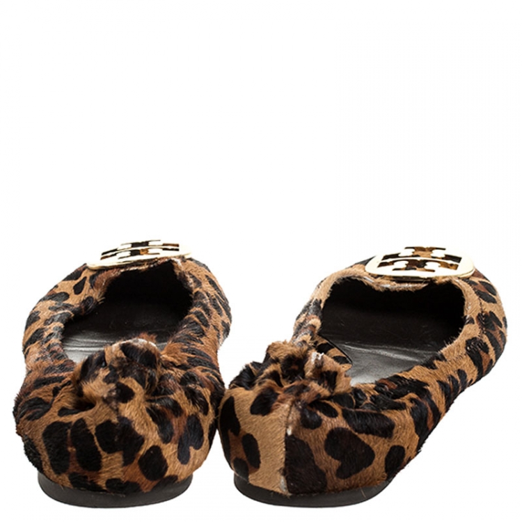 Pre Owned Tory Burch Brown Leopard Print Pony Hair Reva Ballet Flats Size 41