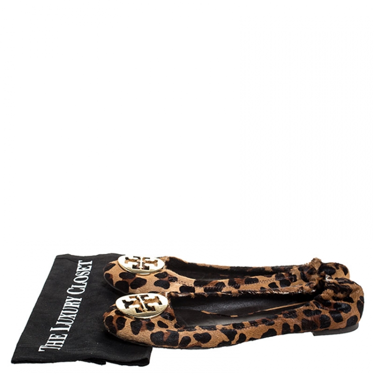 Pre Owned Tory Burch Brown Leopard Print Pony Hair Reva Ballet Flats Size 41