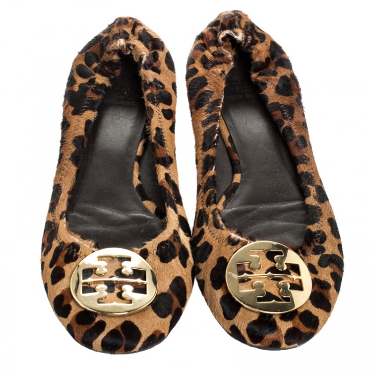 Pre Owned Tory Burch Brown Leopard Print Pony Hair Reva Ballet Flats Size 41