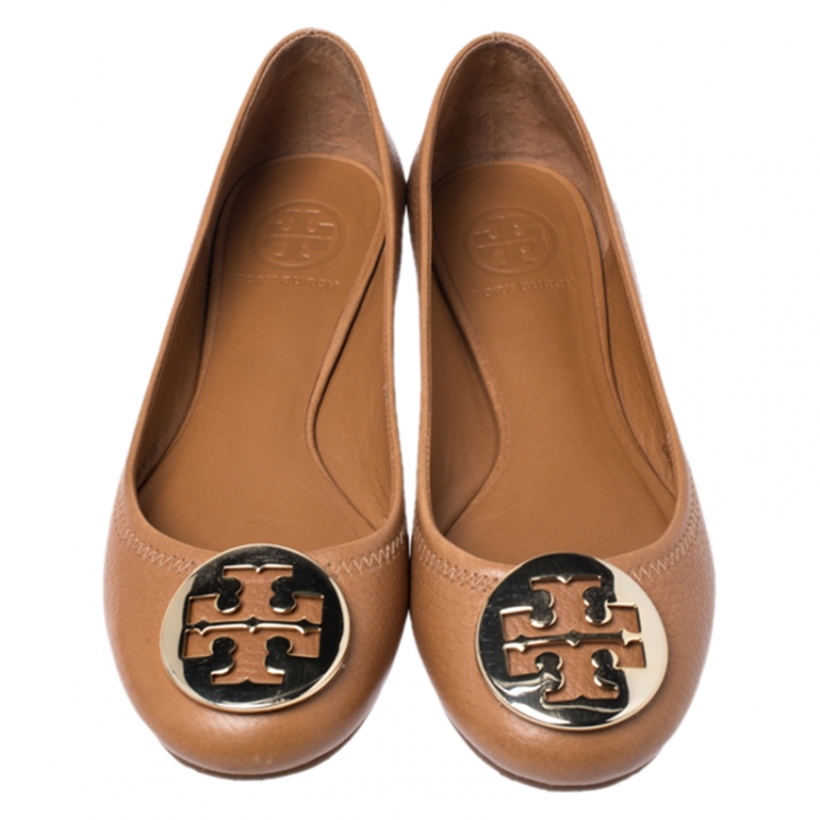 Pre Owned Tory Burch Brown Leather Reva Pebbled Ballet Flats Size 36.5
