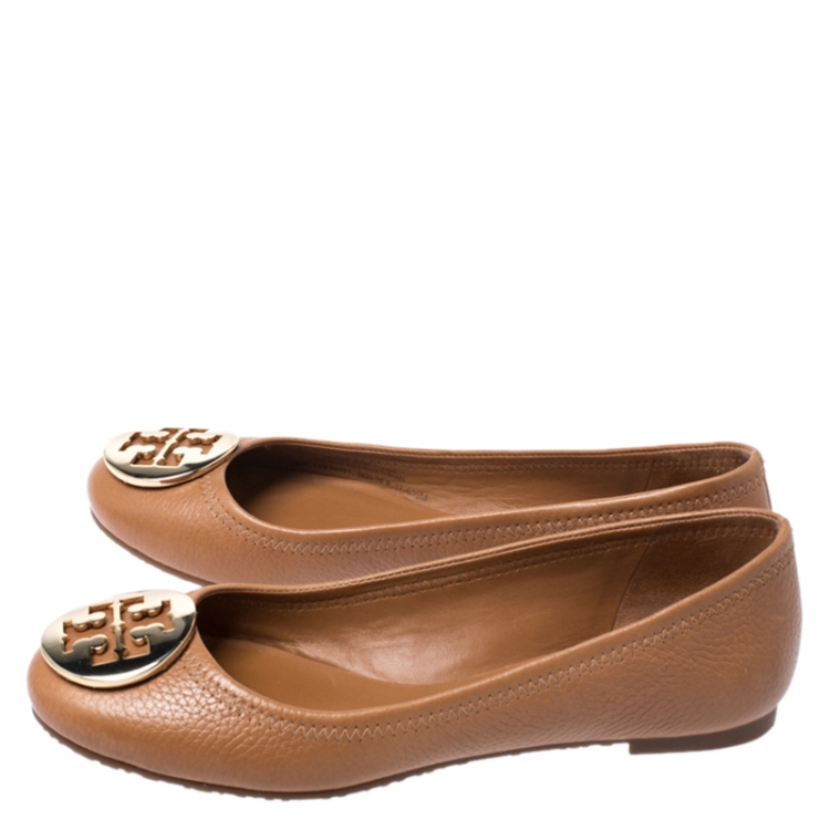 Pre Owned Tory Burch Brown Leather Reva Pebbled Ballet Flats Size 36.5
