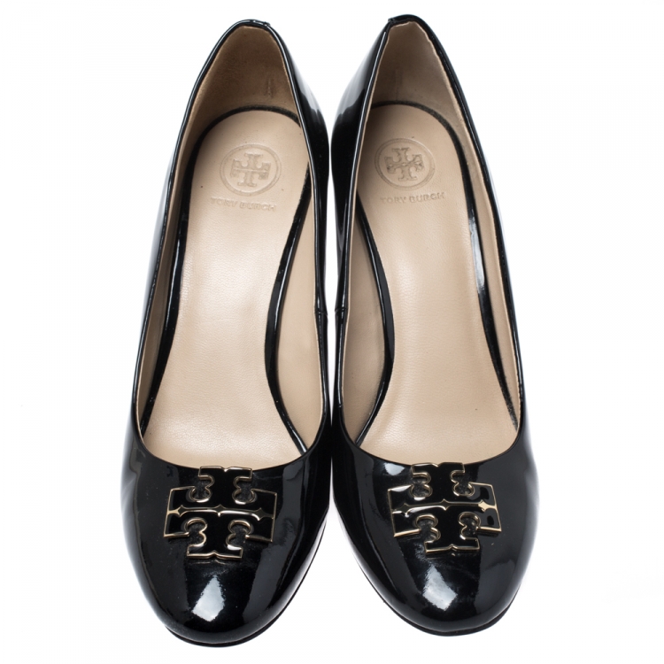 Pre Owned Tory Burch Black Patent Leather Wedge Pumps Size 39