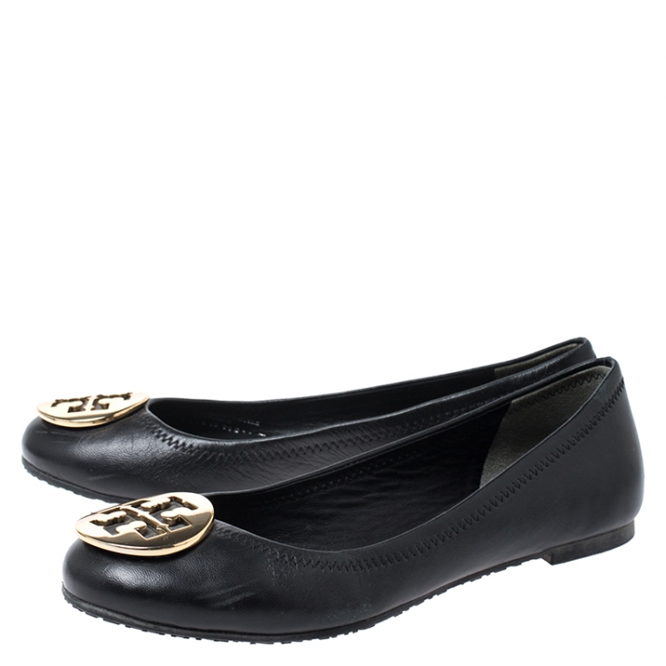 Pre Owned Tory Burch Black Leather Reva Ballet Flats Size 37