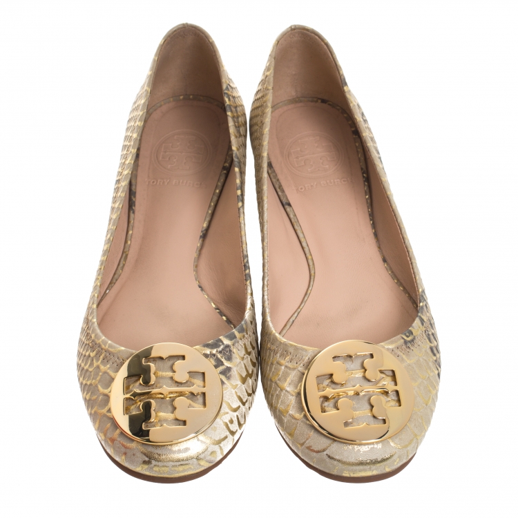 Pre Owned Tory Burch Multicolor Gilded Roccia Embossed Leather Reva Ballet Flats Size 36