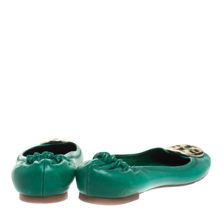 Pre Owned Tory Burch Green Leather Minnie Scrunch Ballet Flats Size 36.5