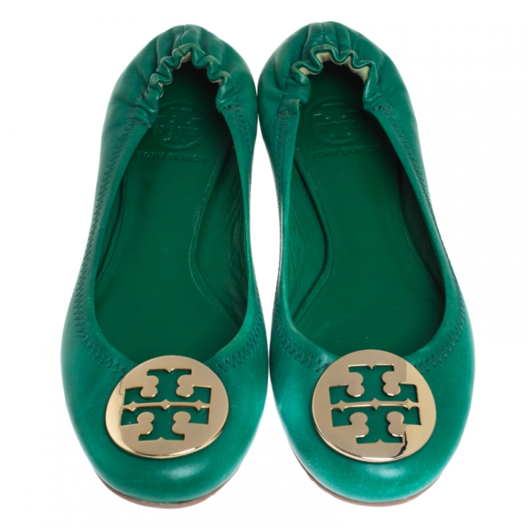 Pre Owned Tory Burch Green Leather Minnie Scrunch Ballet Flats Size 36.5