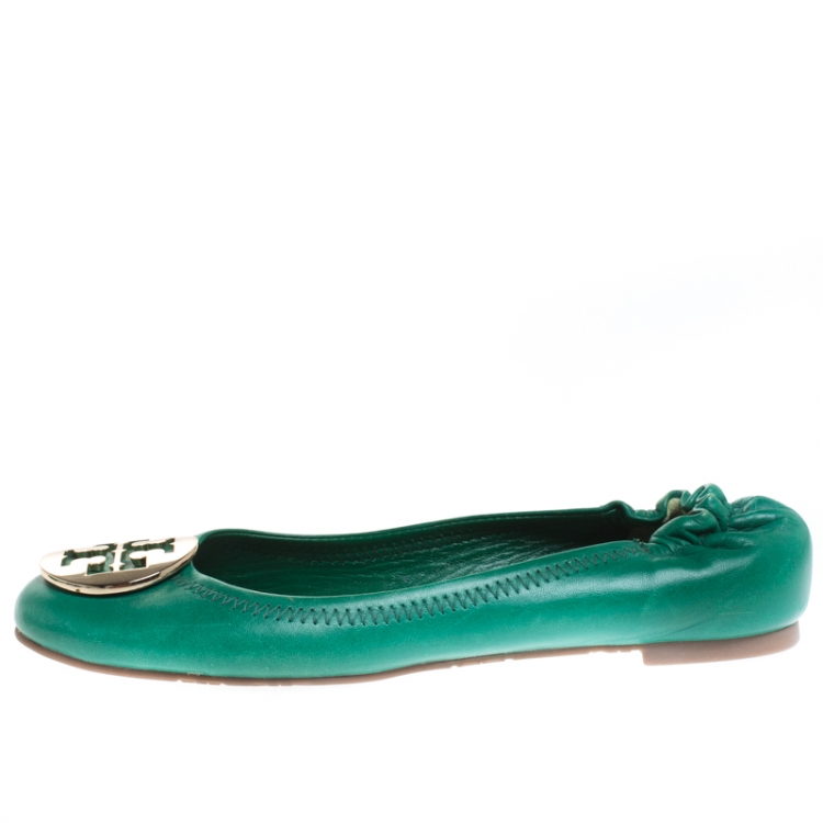 Pre Owned Tory Burch Green Leather Minnie Scrunch Ballet Flats Size 36.5
