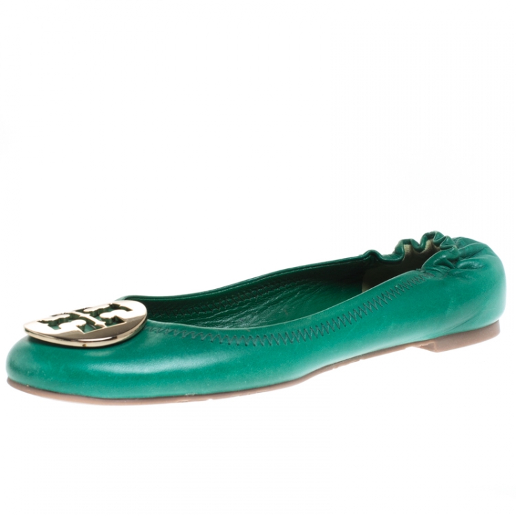 Pre Owned Tory Burch Green Leather Minnie Scrunch Ballet Flats Size 36.5