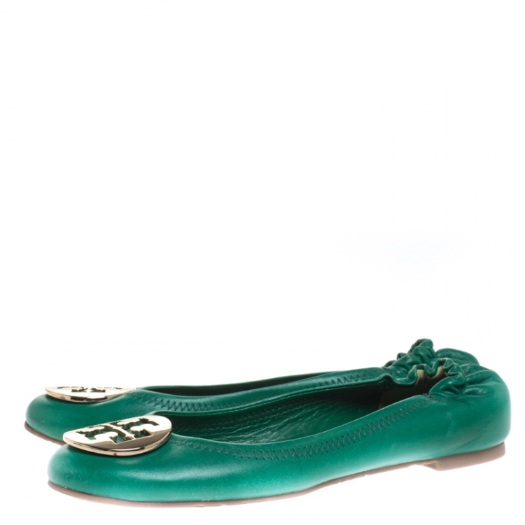 Pre Owned Tory Burch Green Leather Minnie Scrunch Ballet Flats Size 36.5