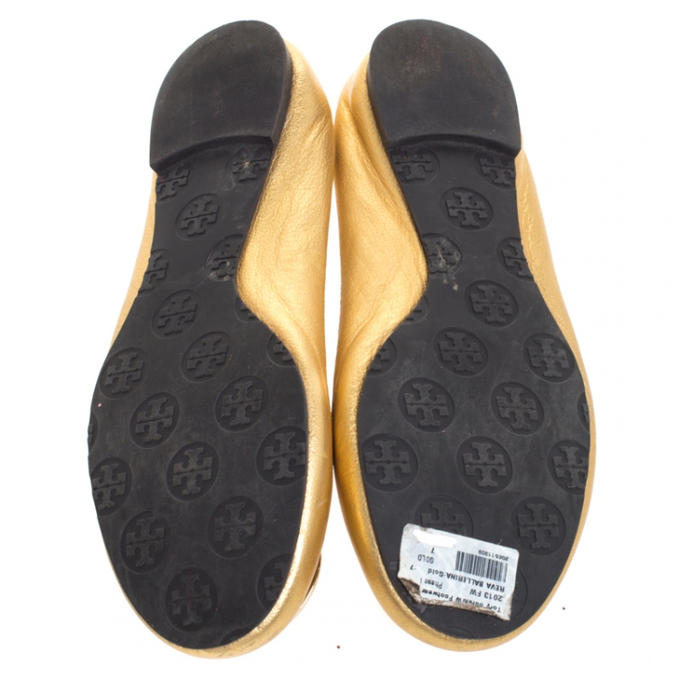 Pre Owned Tory Burch Metallic Gold Leather Minnie Scrunch Ballet Flats Size 37