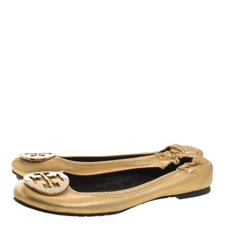 Pre Owned Tory Burch Metallic Gold Leather Minnie Scrunch Ballet Flats Size 37