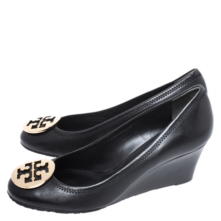 Pre Owned Tory Burch Black Leather Sally Wedge Pumps Size 39