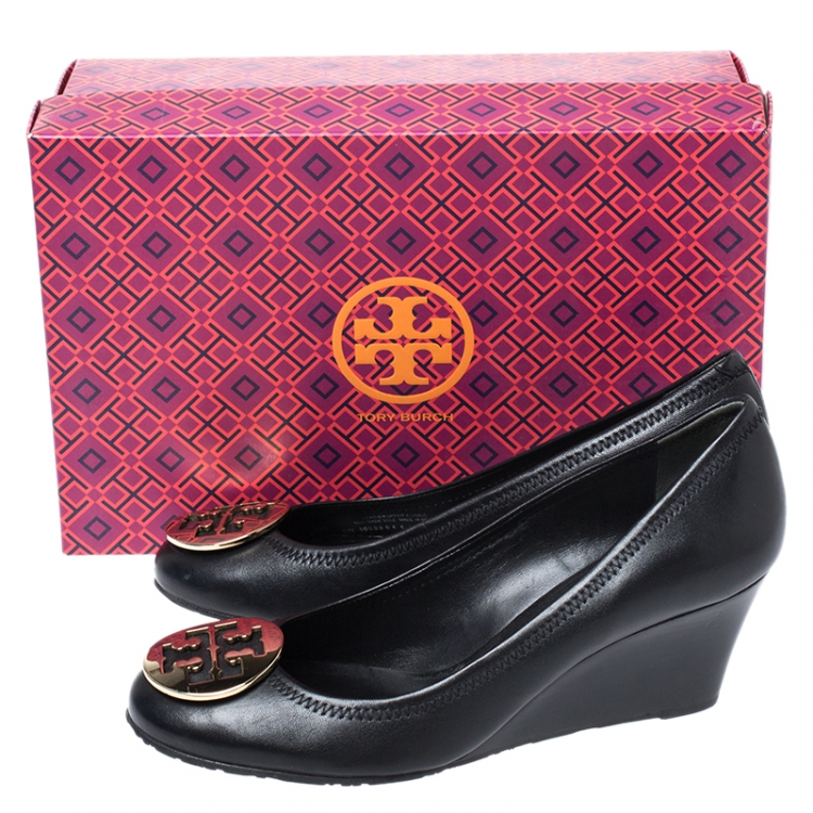 Pre Owned Tory Burch Black Leather Sally Wedge Pumps Size 39