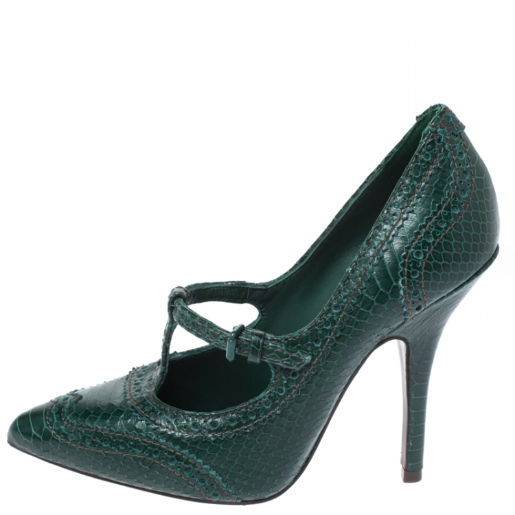 Pre Owned Tory Burch Green Brogue Python Embossed Leather Everly Pumps Size 37.5