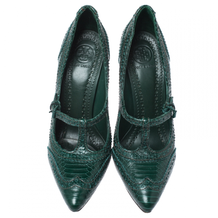 Pre Owned Tory Burch Green Brogue Python Embossed Leather Everly Pumps Size 37.5