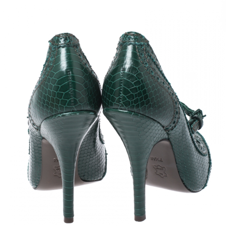 Pre Owned Tory Burch Green Brogue Python Embossed Leather Everly Pumps Size 37.5