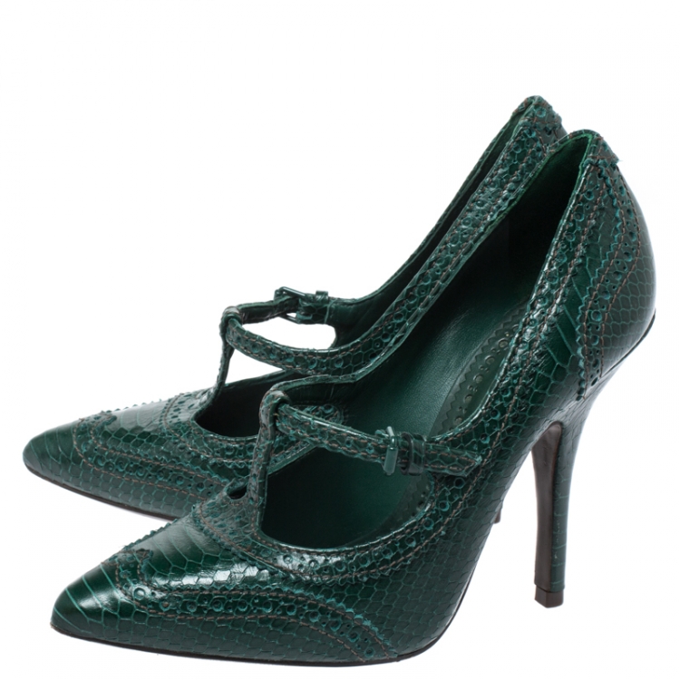 Pre Owned Tory Burch Green Brogue Python Embossed Leather Everly Pumps Size 37.5