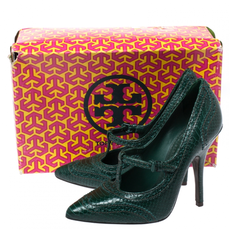 Pre Owned Tory Burch Green Brogue Python Embossed Leather Everly Pumps Size 37.5