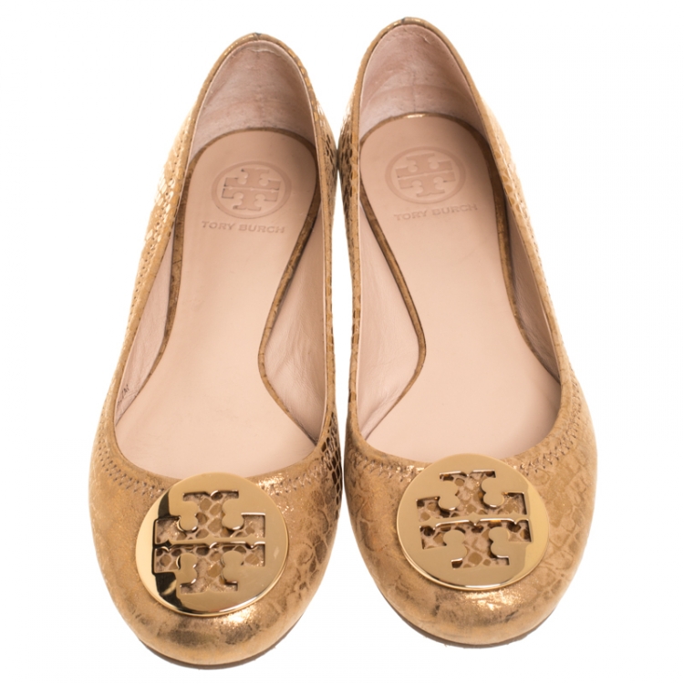 Pre Owned Tory Burch Metallic Gold Foil Textured Suede Reva Ballet Flats Size 37