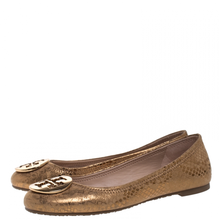 Pre Owned Tory Burch Metallic Gold Foil Textured Suede Reva Ballet Flats Size 37